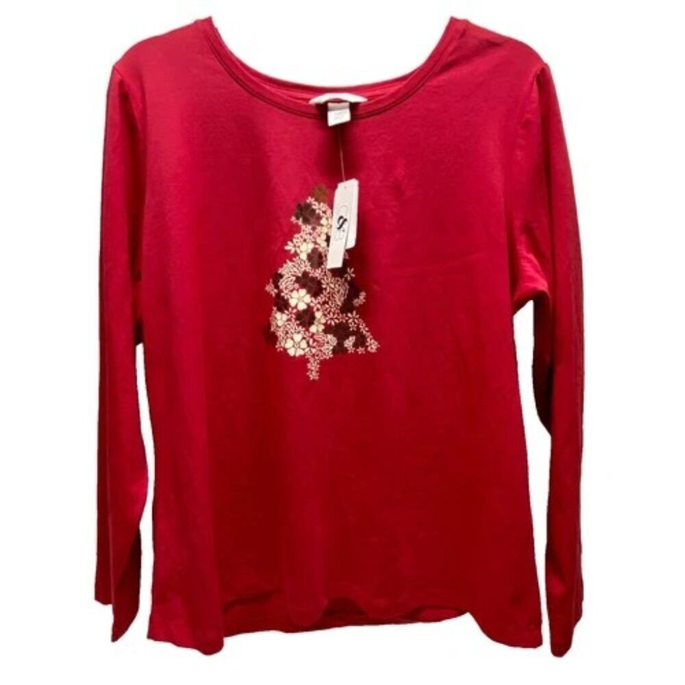 Christoper & Banks Petite Women's P/XL Red Floral Tree Holiday Long Sleeve NWT